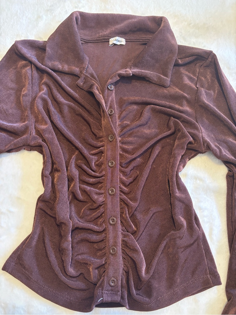 Ruched Button-Up Long Sleeve Top in Mauve Brown - Picture 1 of 5